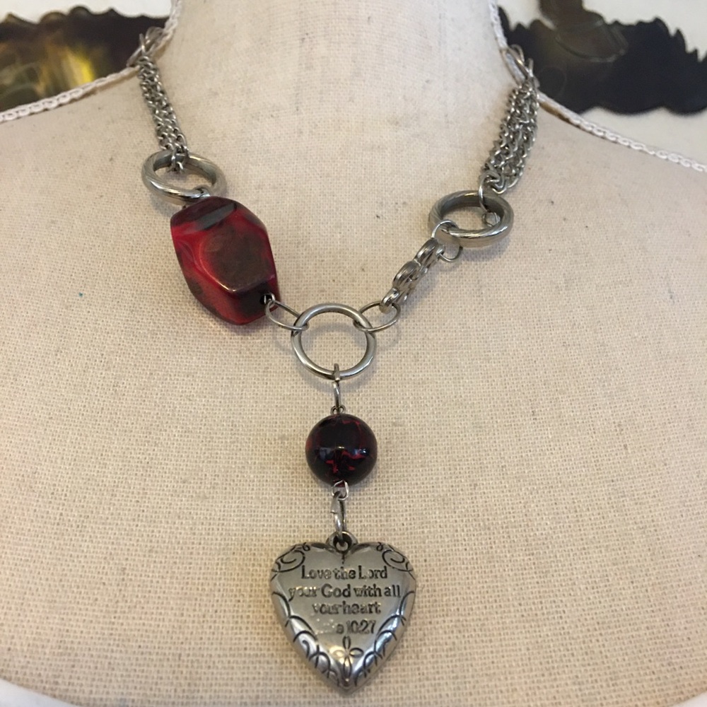 With all my Heart beaded silver chain necklace